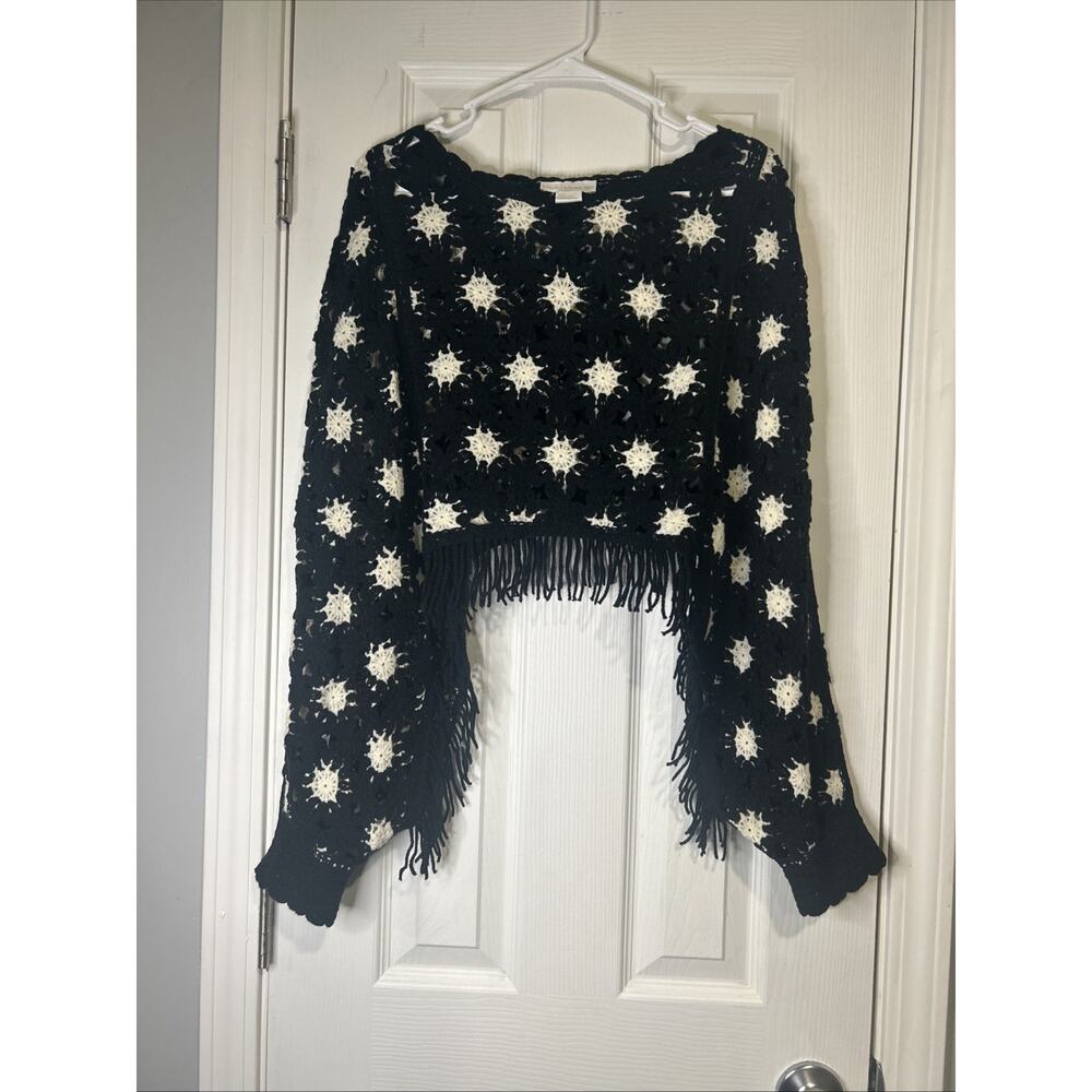 House of Harlow Crochet Knit Fringe Sweater One Size Black Cream Festival Boho